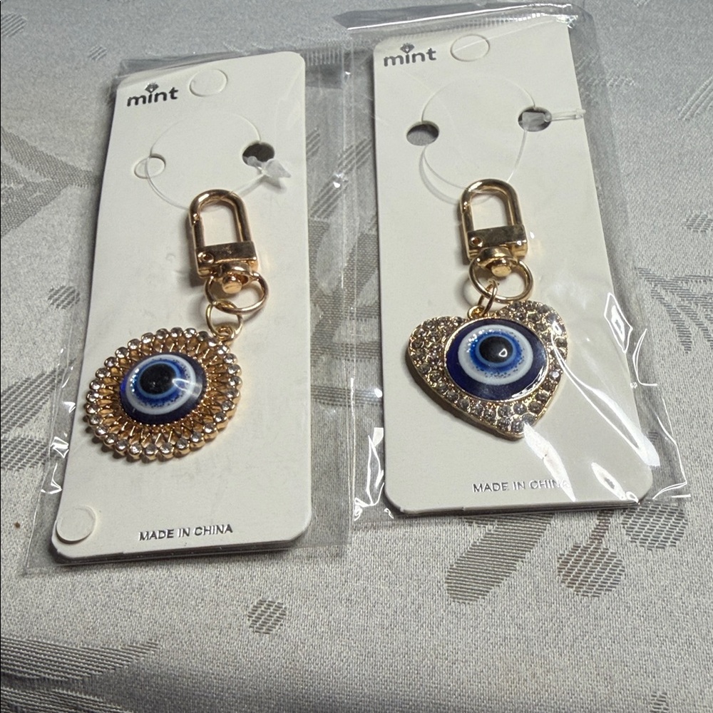 Mint Gold-tone Evil Eye Keychain Set with Blue Centers